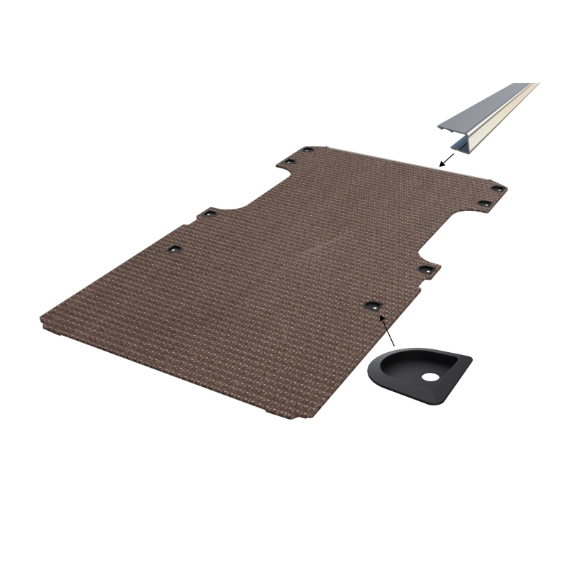 Vloerplaat, doorlopend bij de schuifdeur, enkele schuifdeur en achterklep , bruin, 12mm incl 8 vloerkuipjes en instaplijsten, L3 (Geschikt voor Jumpy / Expert / ProAce / Vivaro / Scudo) (afbeelding ter illustratie)