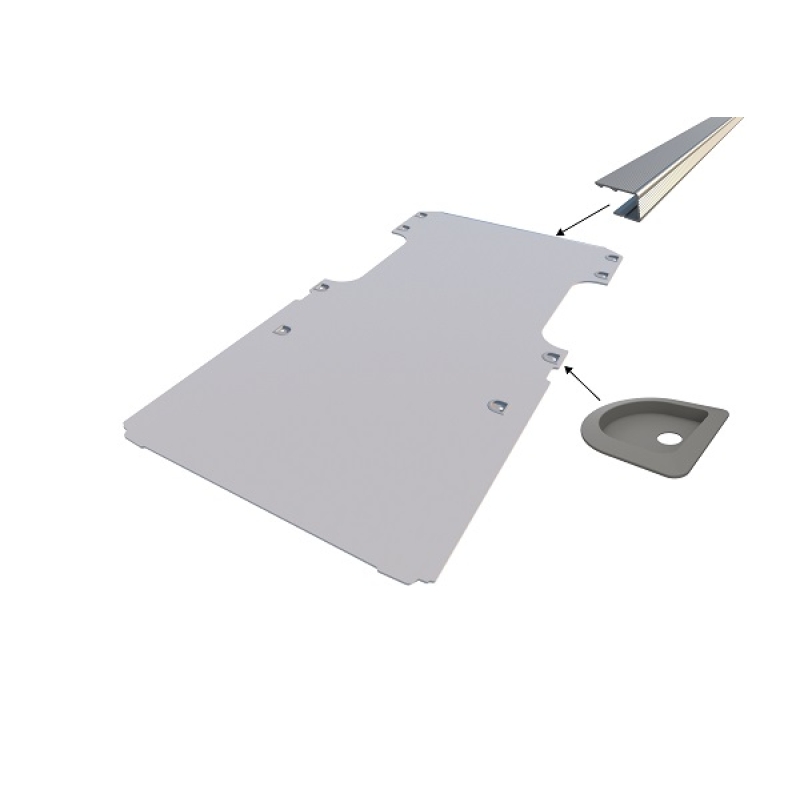 Vloerplaat, doorlopend bij de schuifdeur, enkele schuifdeur en achterklep , grijs, 12mm incl 8 vloerkuipjes en instaplijsten, L3 (Geschikt voor Jumpy / Expert / ProAce / Vivaro / Scudo) (afbeelding ter illustratie)