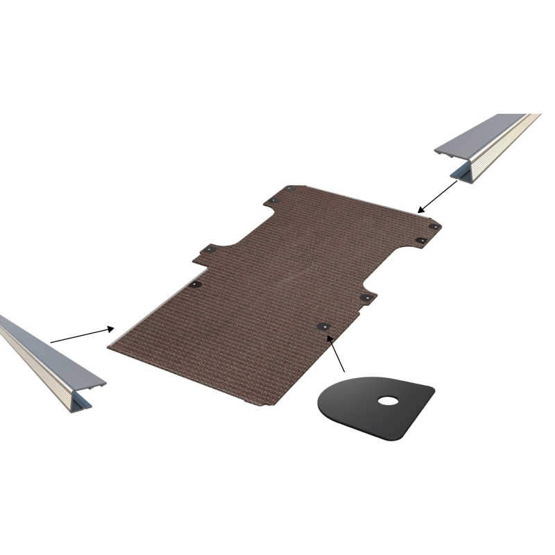 Vloerplaat, enkele schuifdeur en achterklep , bruin, 9mm incl 8 vloerdeksels en instaplijsten, L3 (Geschikt voor Jumpy / Expert / ProAce / Vivaro / Scudo) (afbeelding ter illustratie)