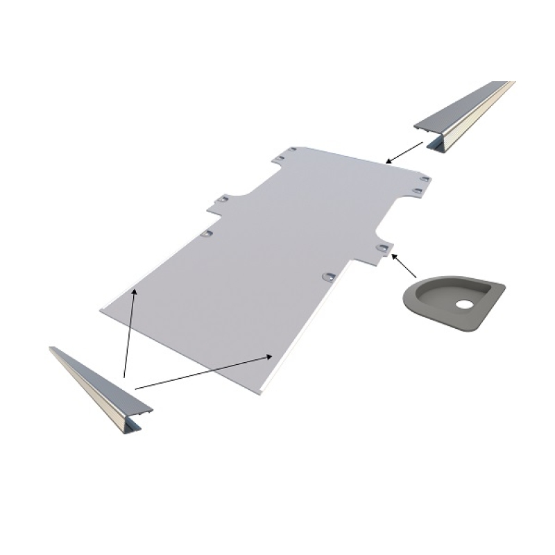 Vloerplaat, dubbele schuifdeuren en achterklep , grijs, 12mm incl 8 vloerkuipjes en instaplijsten, L3 (Geschikt voor Jumpy / Expert / ProAce / Vivaro / Scudo) (afbeelding ter illustratie)