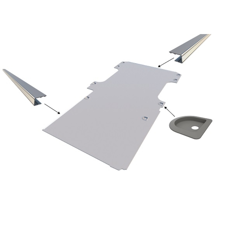 Vloerplaat, enkele schuifdeur en achterklep , grijs, 12mm incl 8 vloerkuipjes en instaplijsten, L3 (Geschikt voor Jumpy / Expert / ProAce / Vivaro / Scudo) (afbeelding ter illustratie)